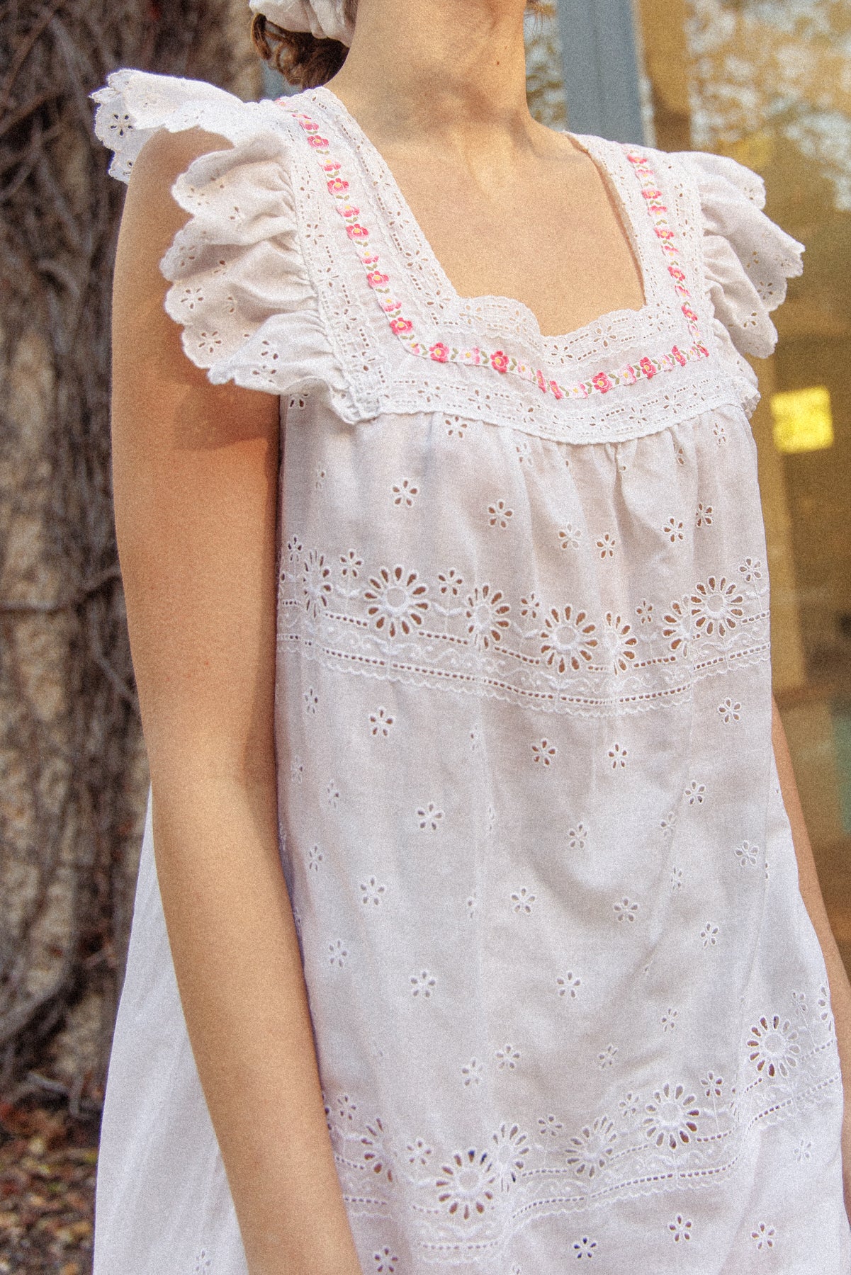VINTAGE 1960's White Broderie Anglainse Maxi Dress With Floral Embroidery S/M