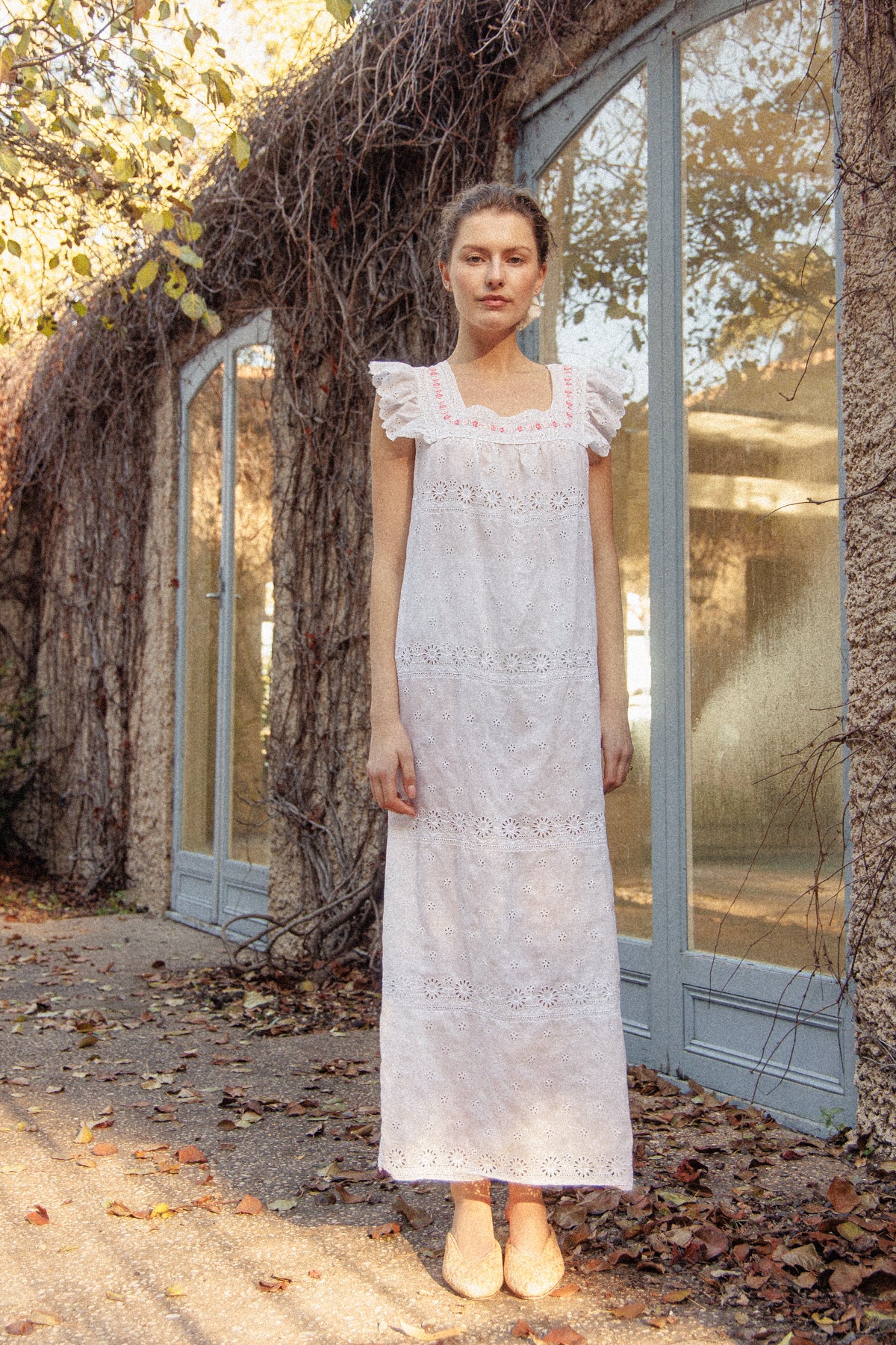 VINTAGE 1960's White Broderie Anglainse Maxi Dress With Floral Embroidery S/M
