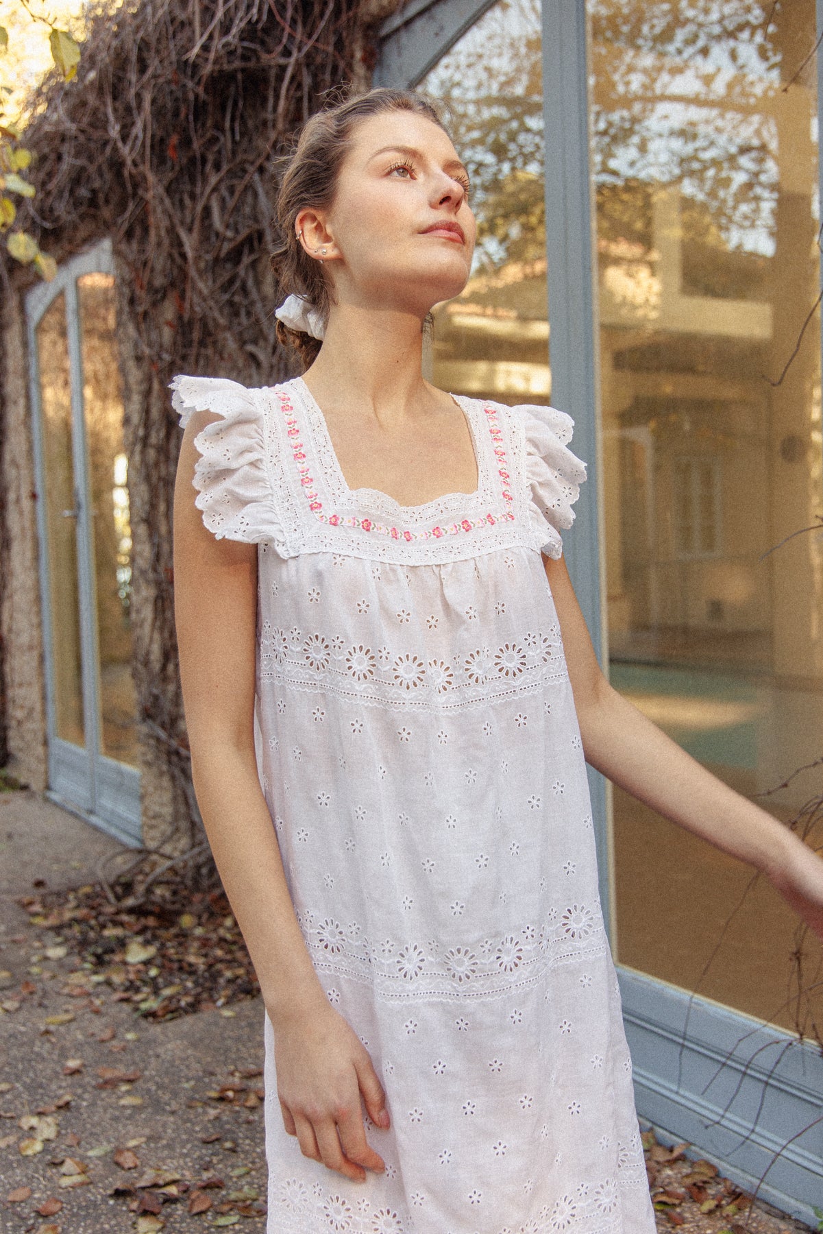 VINTAGE 1960's White Broderie Anglainse Maxi Dress With Floral Embroidery S/M