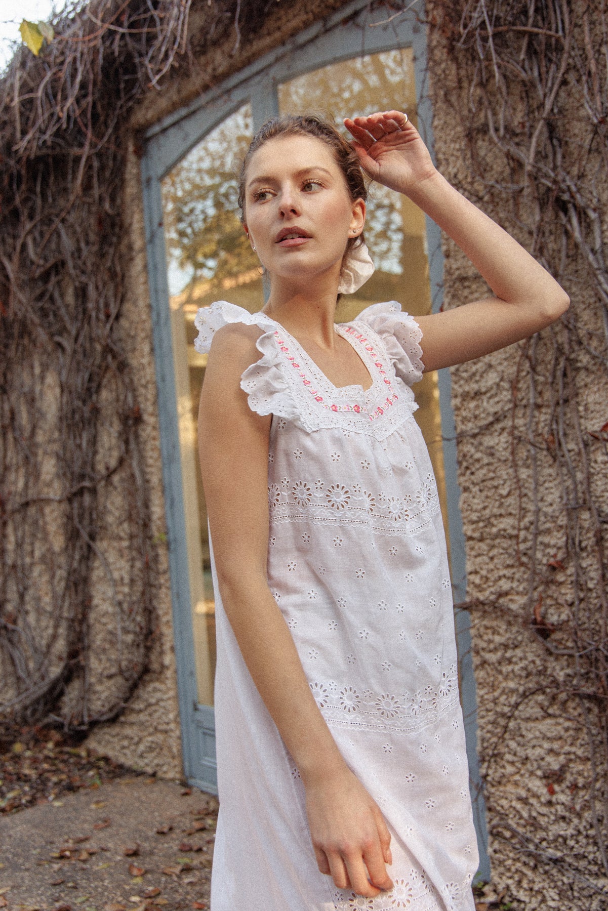 VINTAGE 1960's White Broderie Anglainse Maxi Dress With Floral Embroidery S/M
