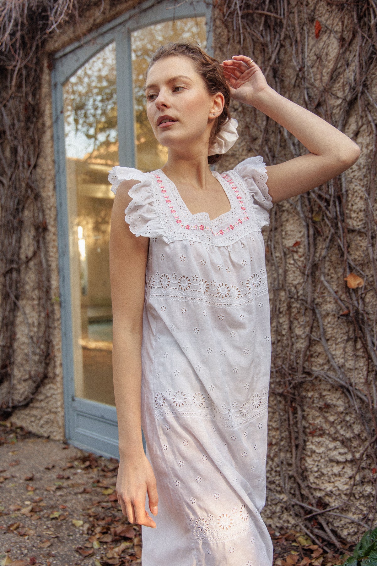 VINTAGE 1960's White Broderie Anglainse Maxi Dress With Floral Embroidery S/M
