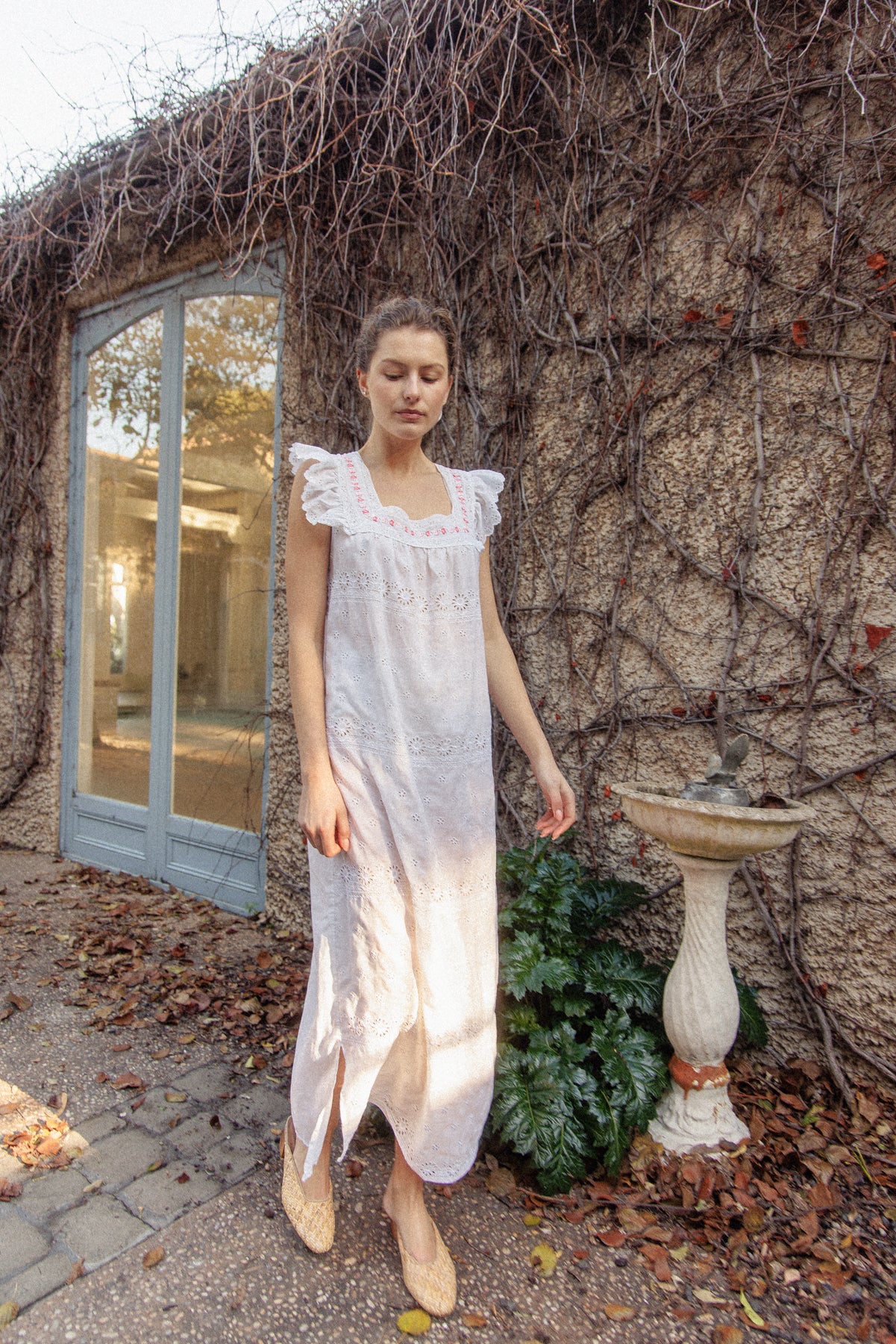 VINTAGE 1960's White Broderie Anglainse Maxi Dress With Floral Embroidery S/M