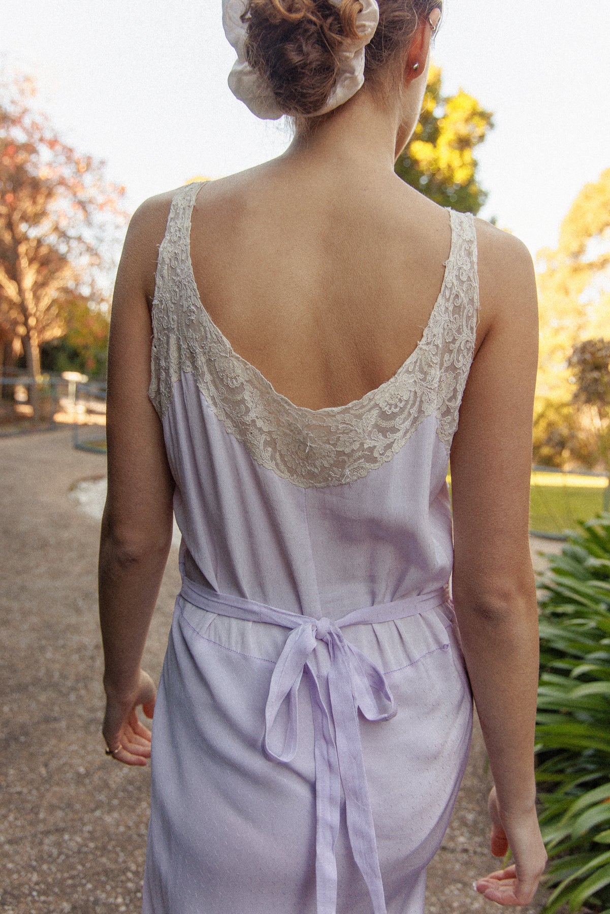 VINTAGE 1940's Lilac Flower Embroidered Nightgown Maxi Dress S/M