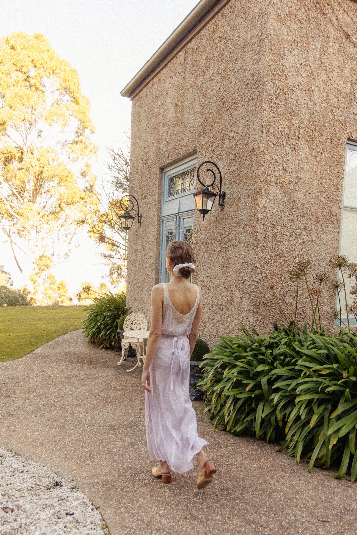 VINTAGE 1940's Lilac Flower Embroidered Nightgown Maxi Dress S/M