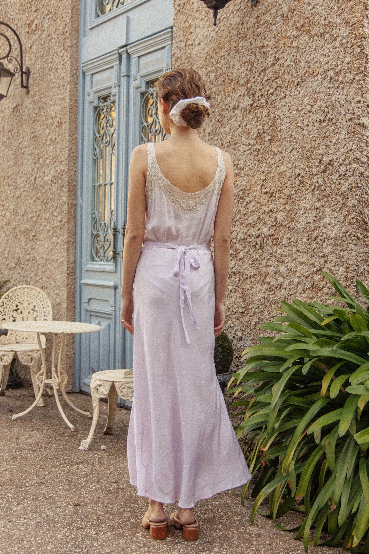 VINTAGE 1940's Lilac Flower Embroidered Nightgown Maxi Dress S/M