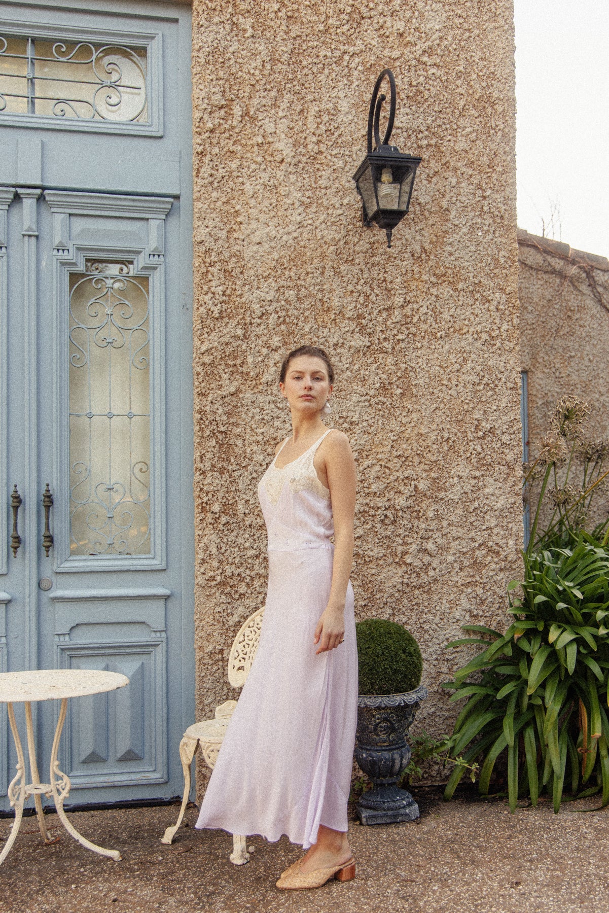 VINTAGE 1940's Lilac Flower Embroidered Nightgown Maxi Dress S/M