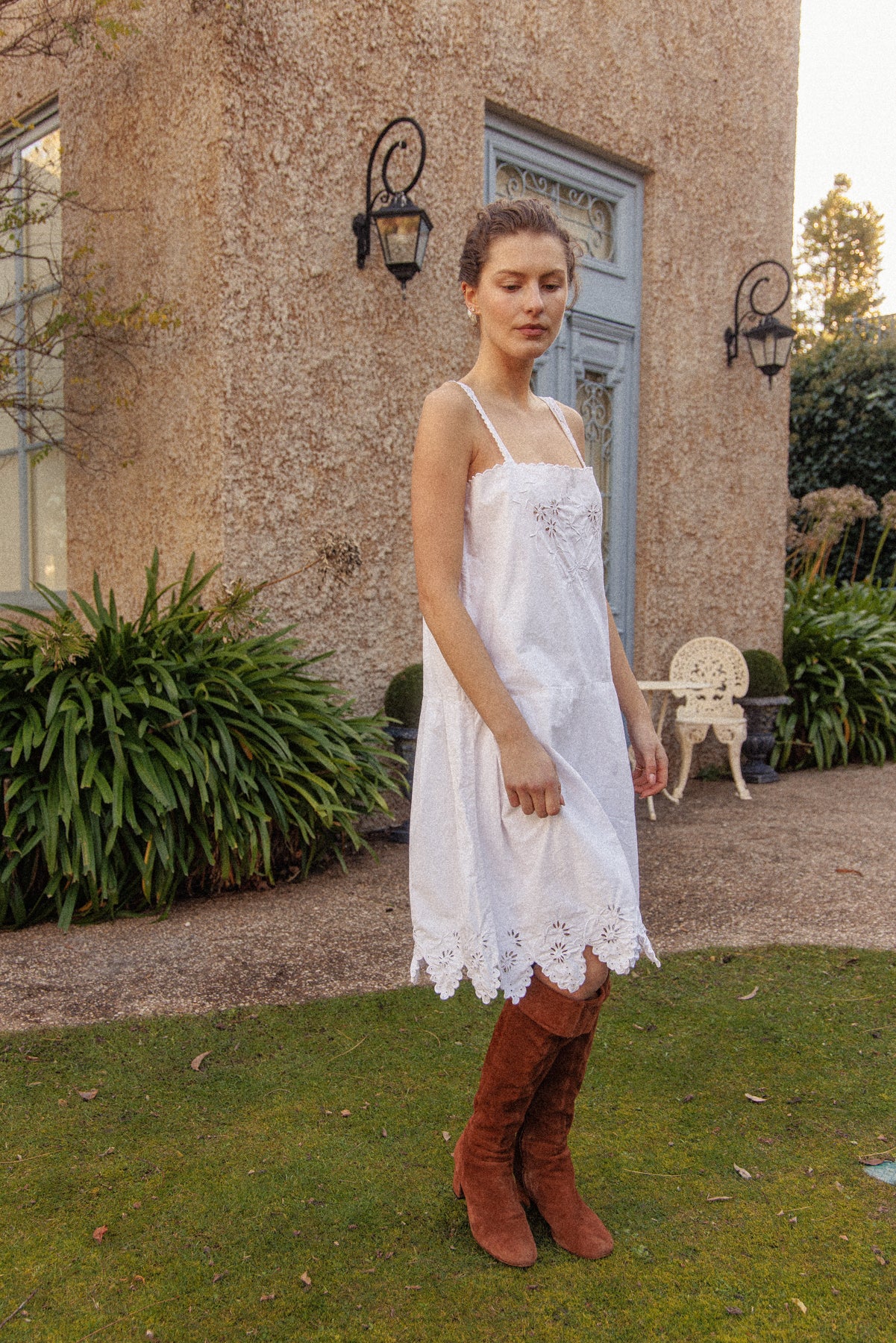 VINTAGE 1900's Edwardian Antique Scalloped Hem Cotton Mini Dress L