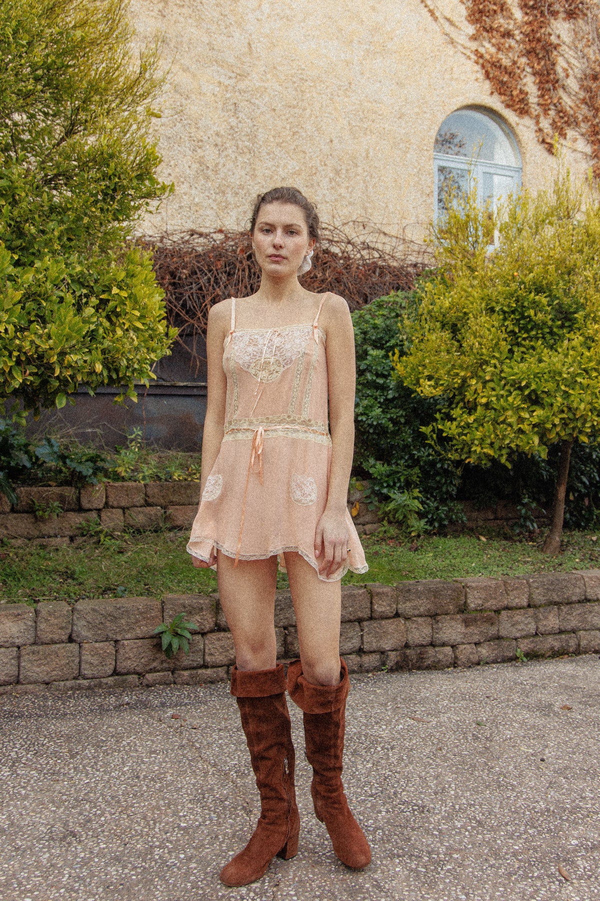 VINTAGE Lace Trimmed Pink Chiffon Silk Mini Chemise S/M