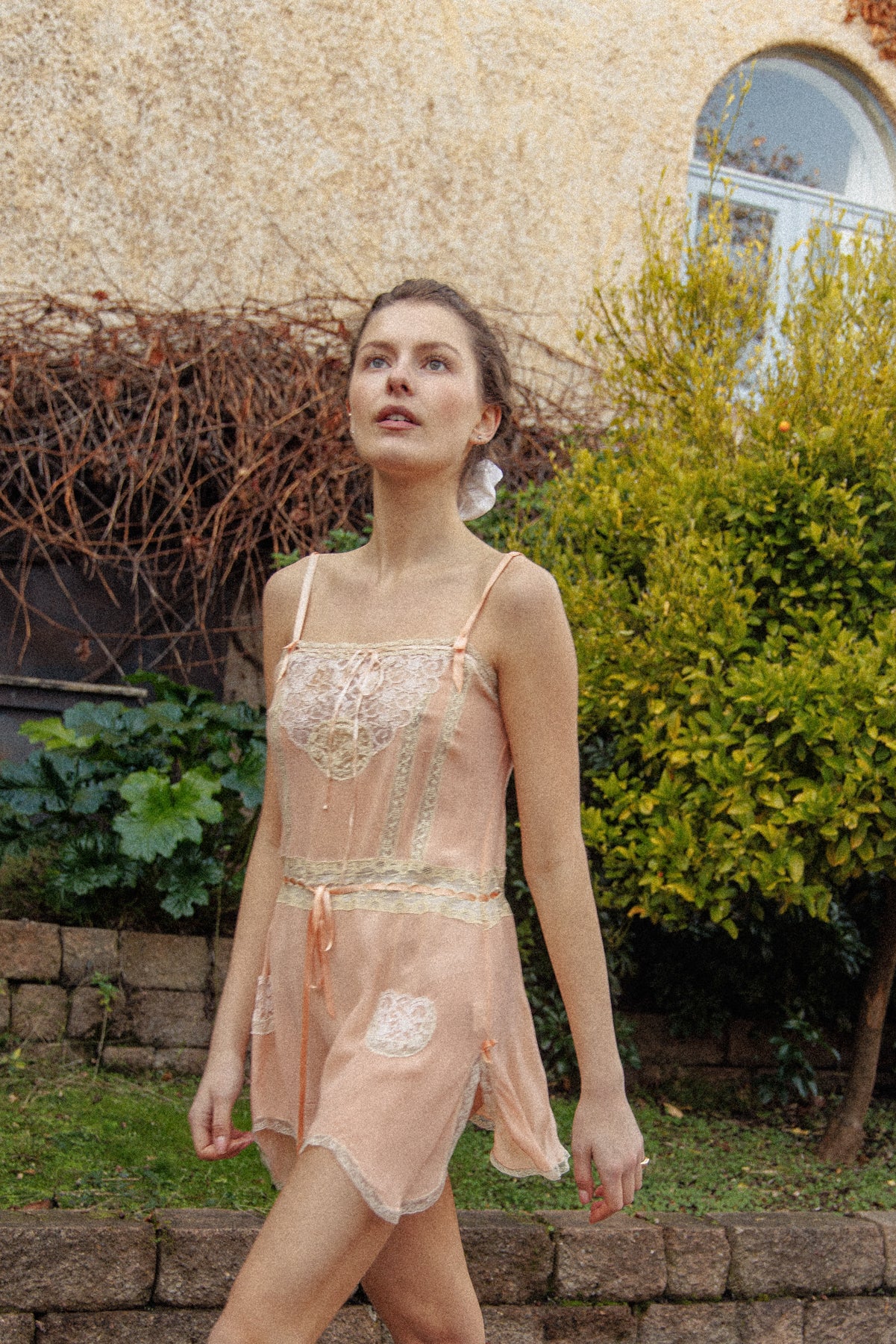 VINTAGE Lace Trimmed Pink Chiffon Silk Mini Chemise S/M