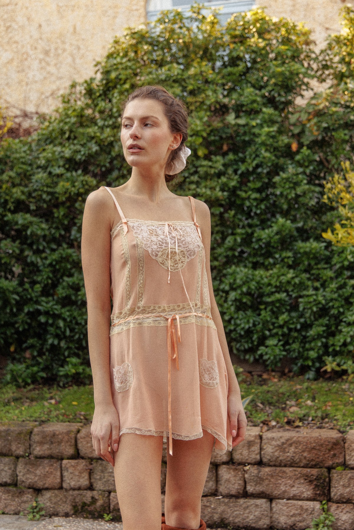 VINTAGE Lace Trimmed Pink Chiffon Silk Mini Chemise S/M
