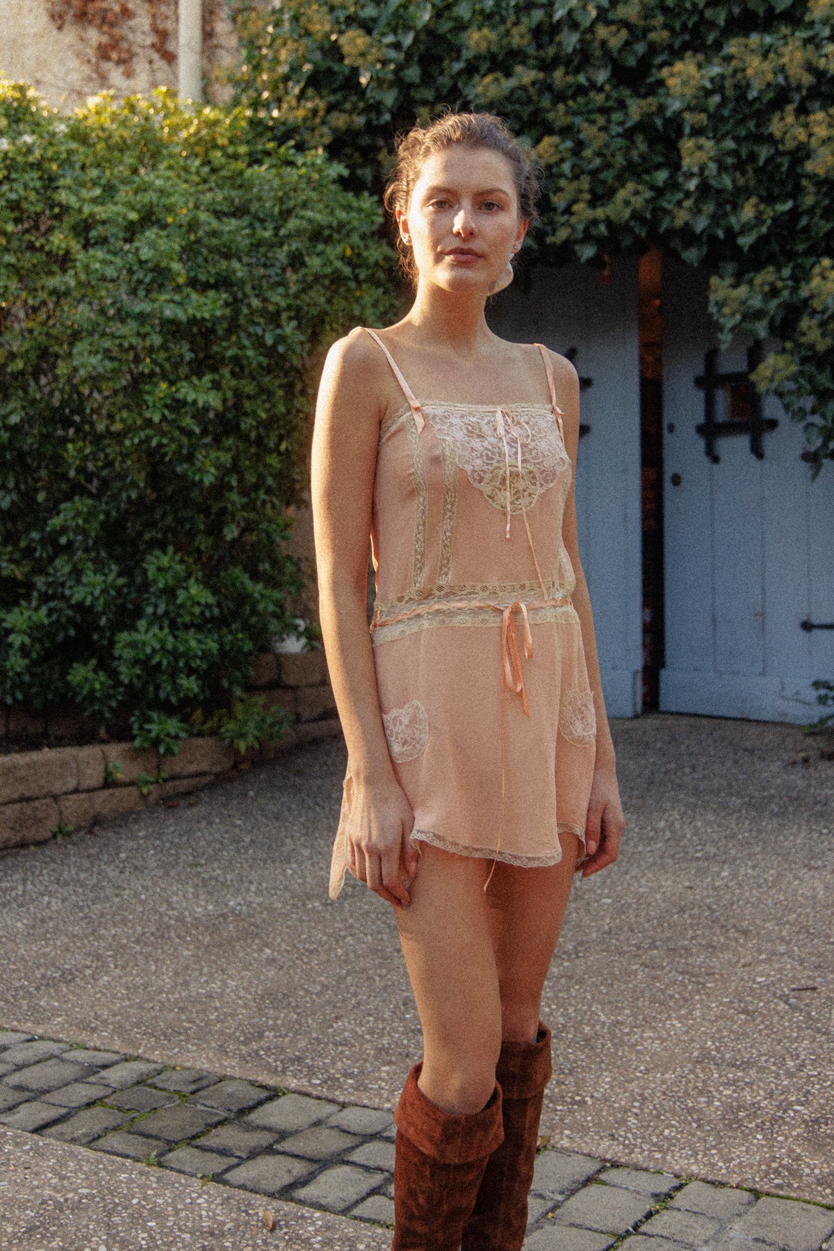 VINTAGE Lace Trimmed Pink Chiffon Silk Mini Chemise S/M