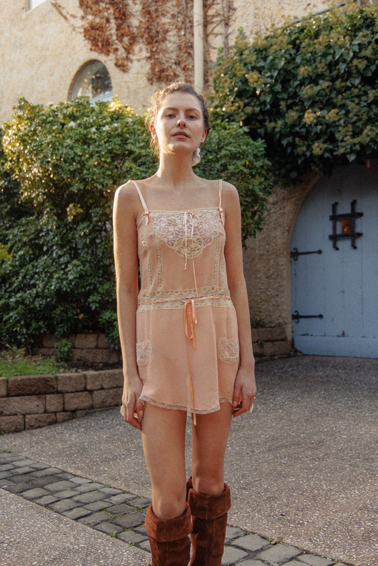 VINTAGE Lace Trimmed Pink Chiffon Silk Mini Chemise S/M