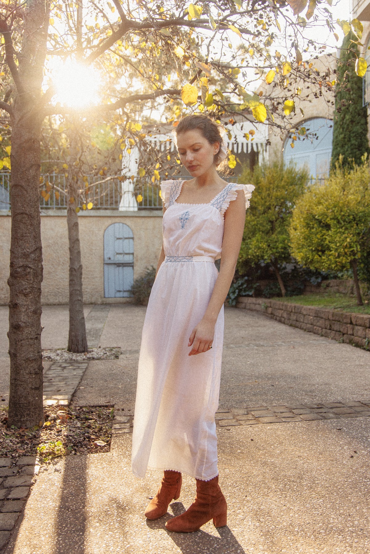 VINTAGE Cotton Maxi Dress With Blue Embroidery M