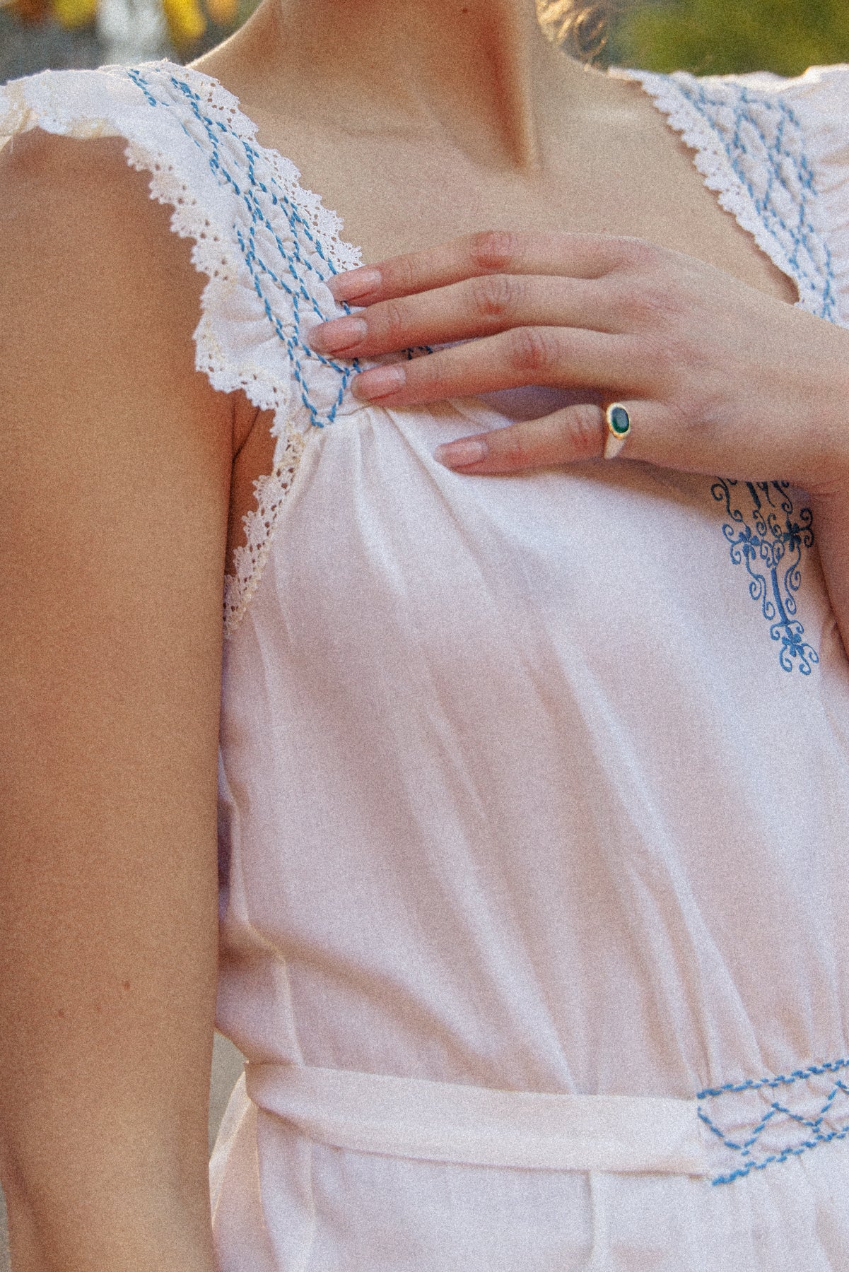 VINTAGE Cotton Maxi Dress With Blue Embroidery M