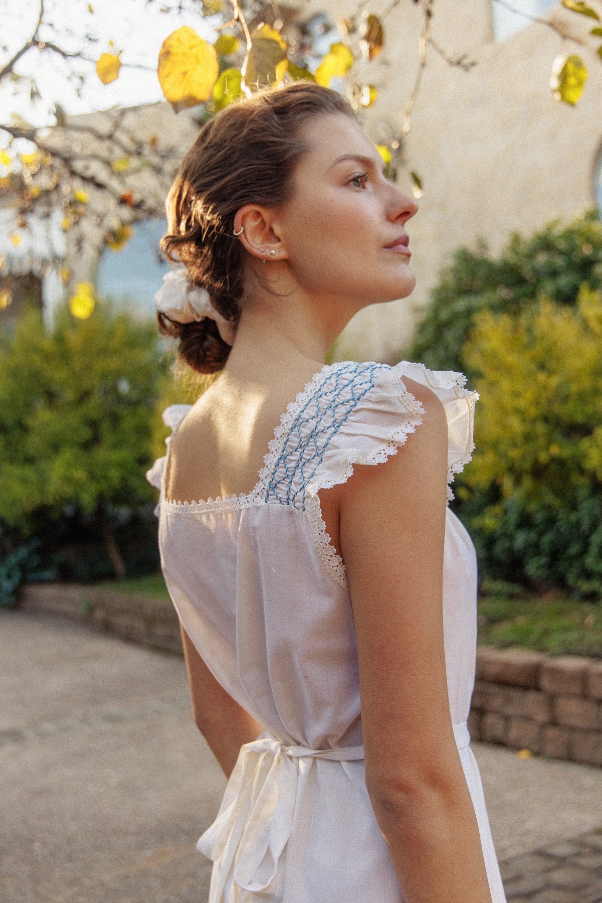 VINTAGE Cotton Maxi Dress With Blue Embroidery M