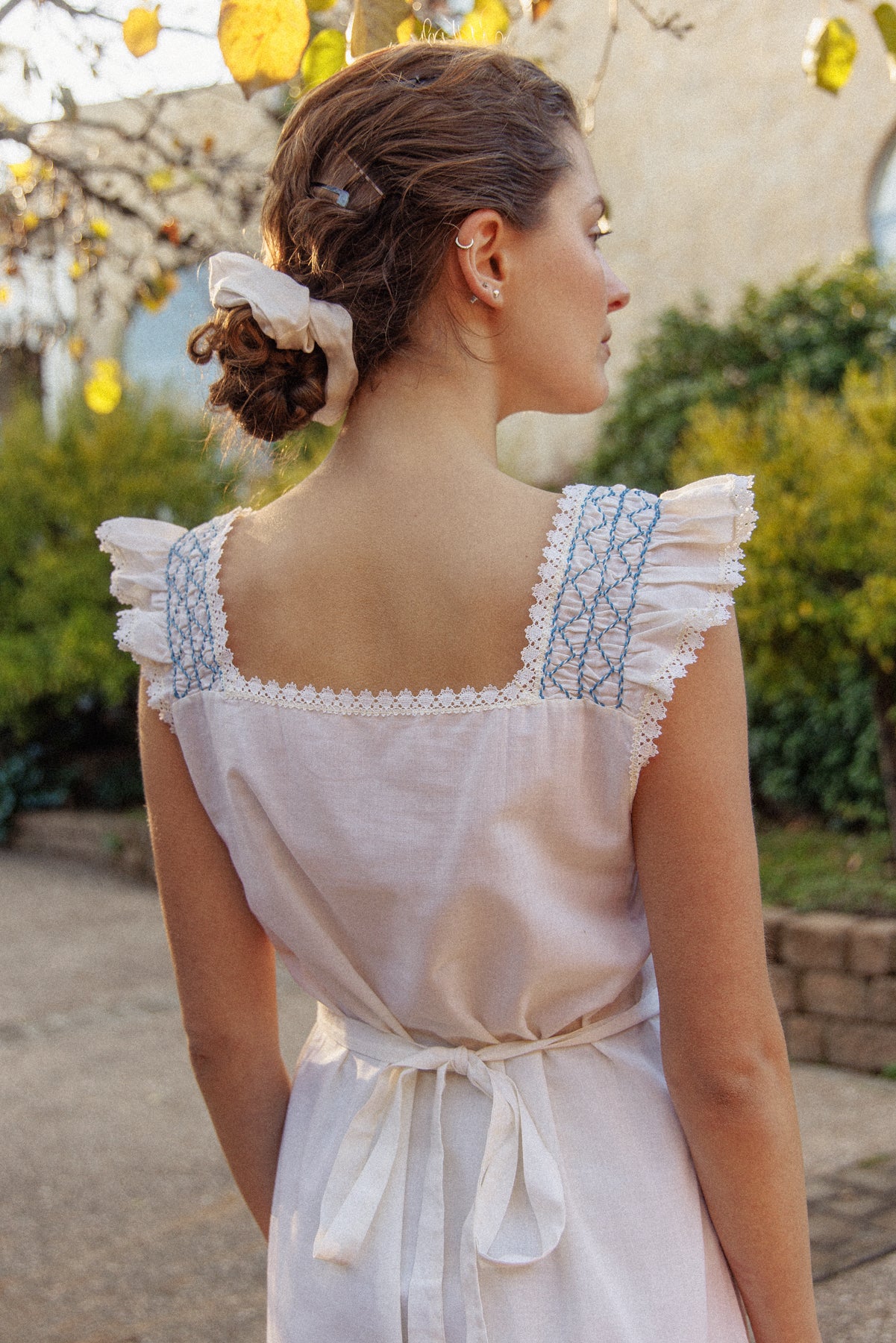 VINTAGE Cotton Maxi Dress With Blue Embroidery M