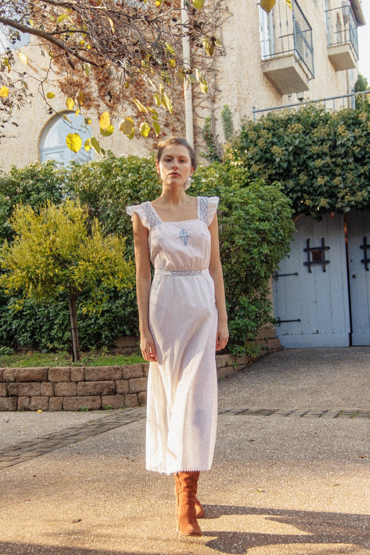 VINTAGE Cotton Maxi Dress With Blue Embroidery M
