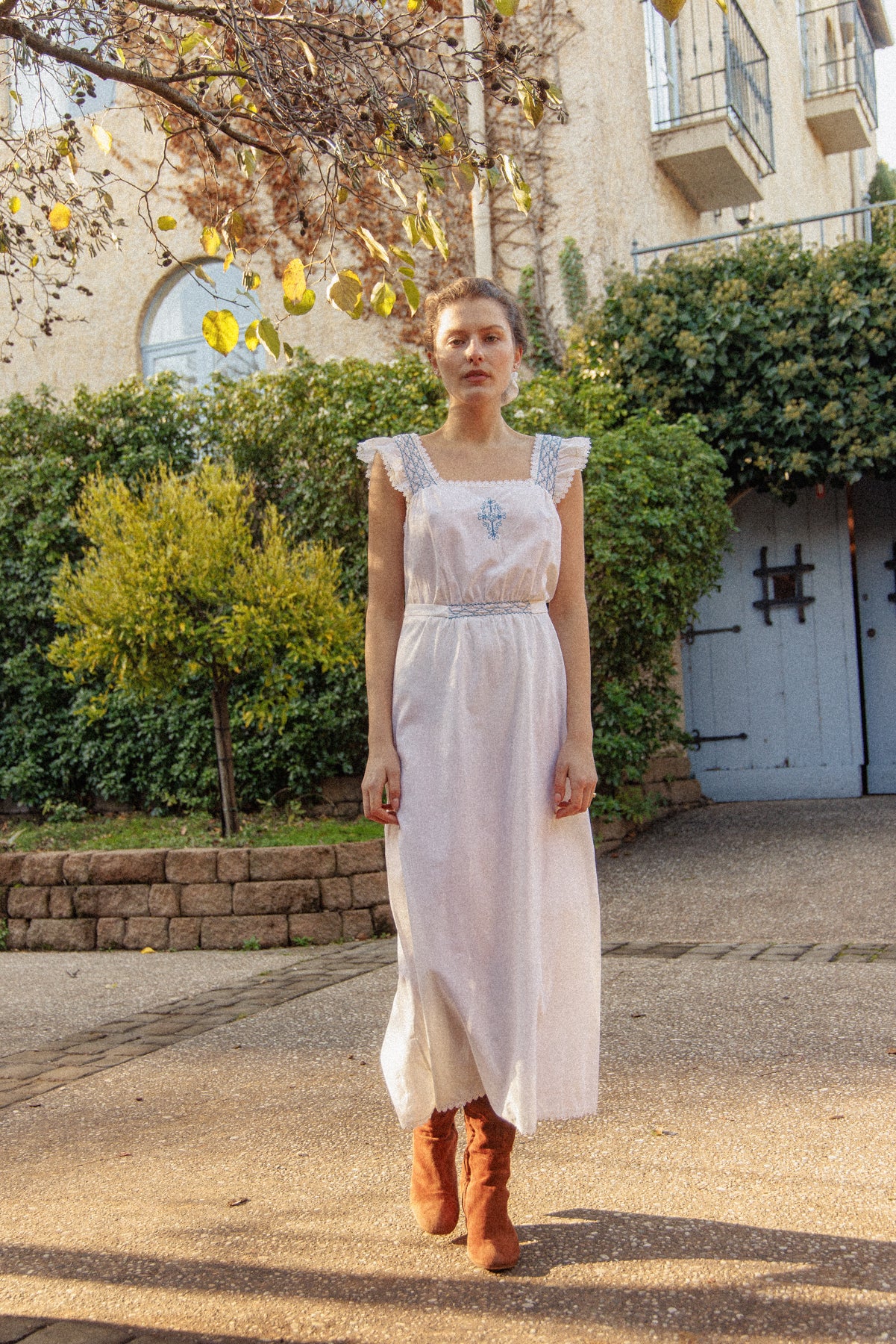 VINTAGE Cotton Maxi Dress With Blue Embroidery M