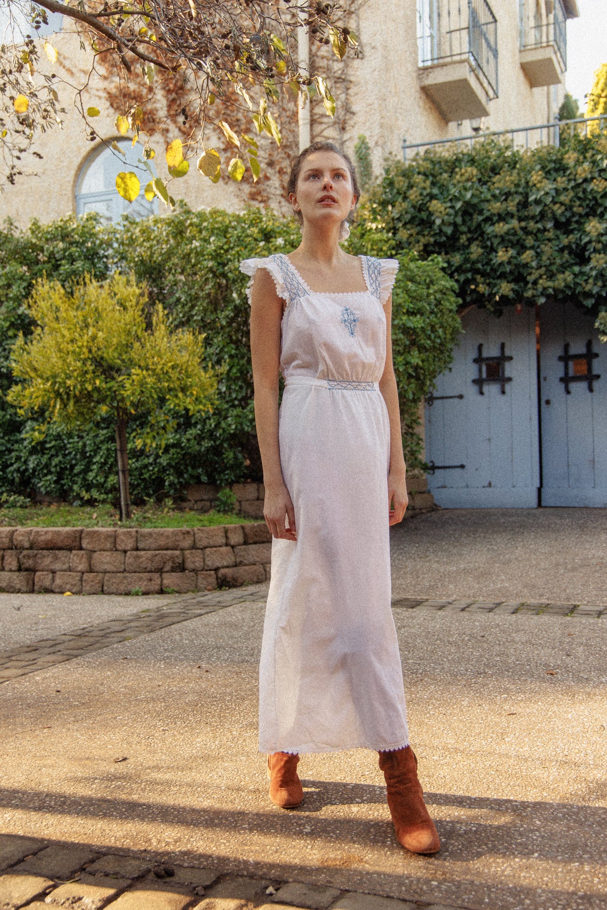 VINTAGE Cotton Maxi Dress With Blue Embroidery M