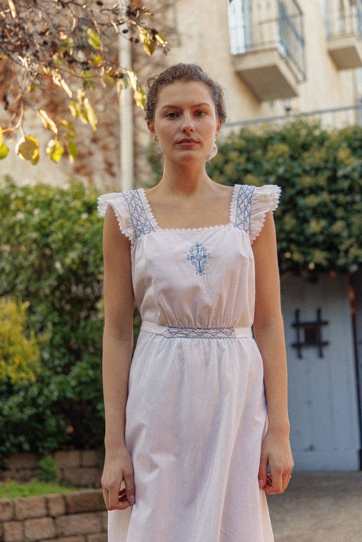 VINTAGE Cotton Maxi Dress With Blue Embroidery M