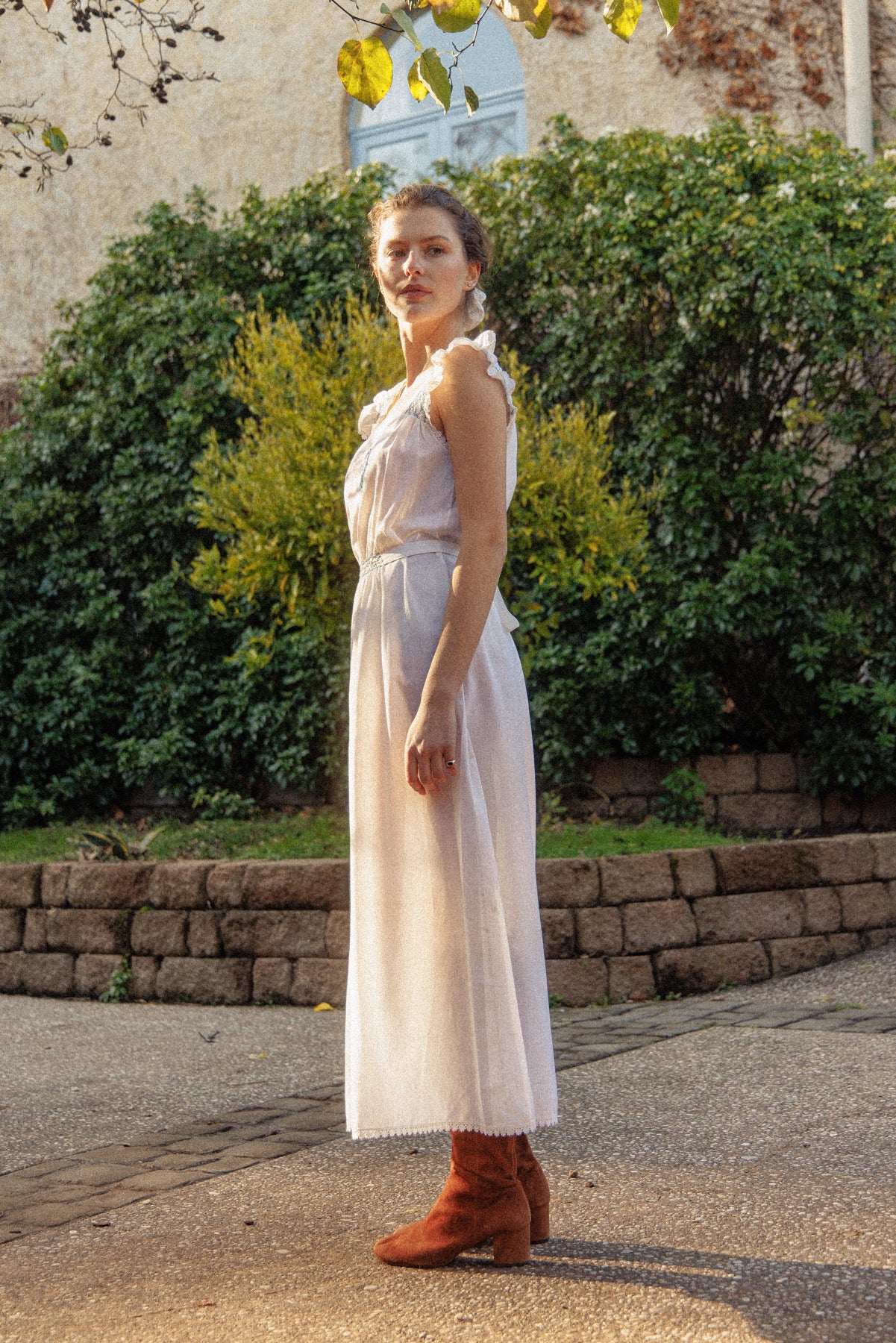 VINTAGE Cotton Maxi Dress With Blue Embroidery M