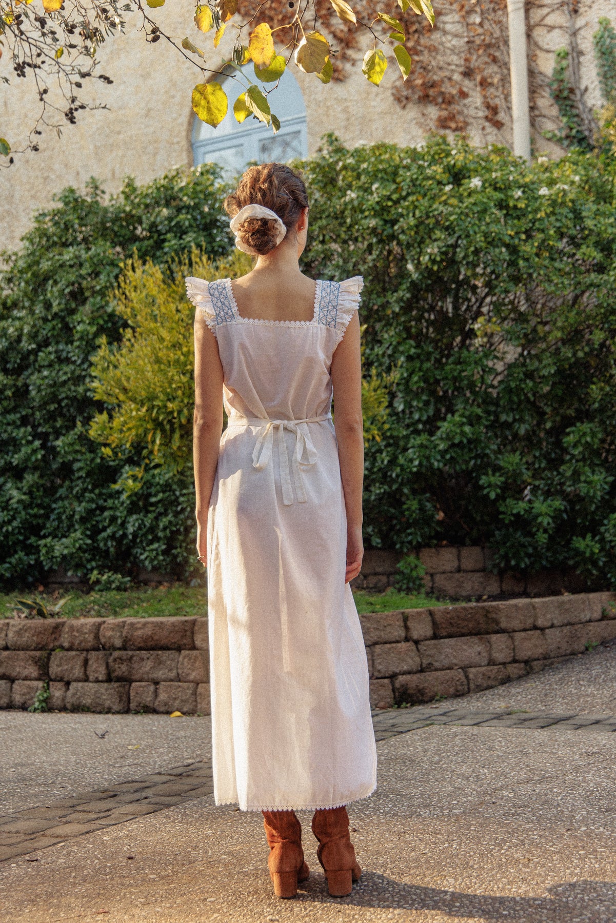 VINTAGE Cotton Maxi Dress With Blue Embroidery M