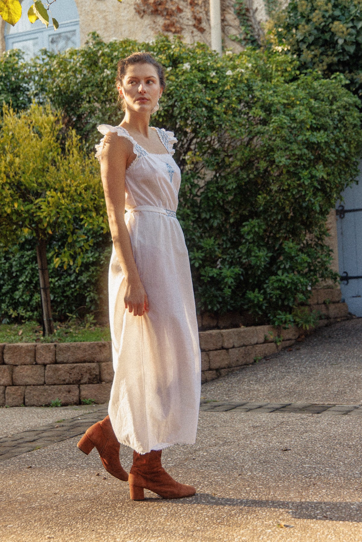 VINTAGE Cotton Maxi Dress With Blue Embroidery M