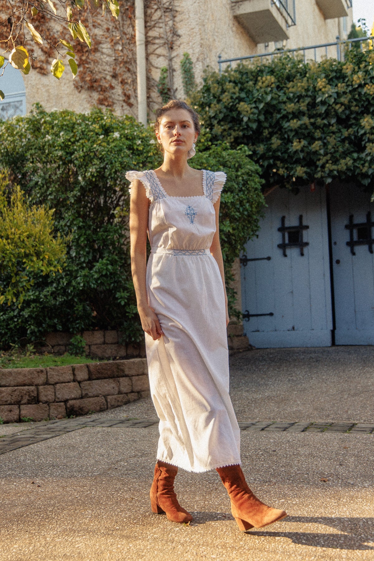 VINTAGE Cotton Maxi Dress With Blue Embroidery M