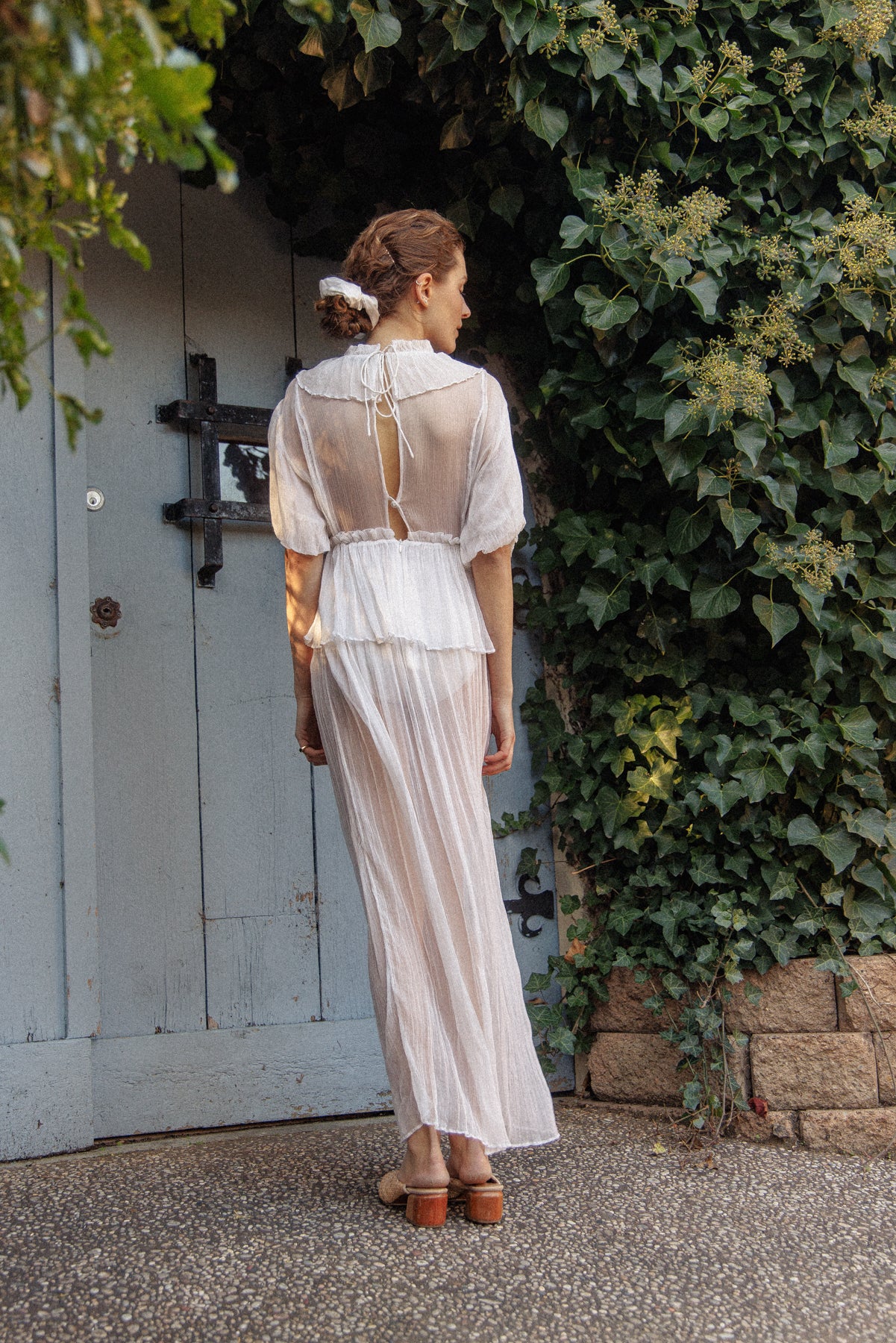 PRELOVED White Silk Chiffon Peplum Maxi Dress S/M