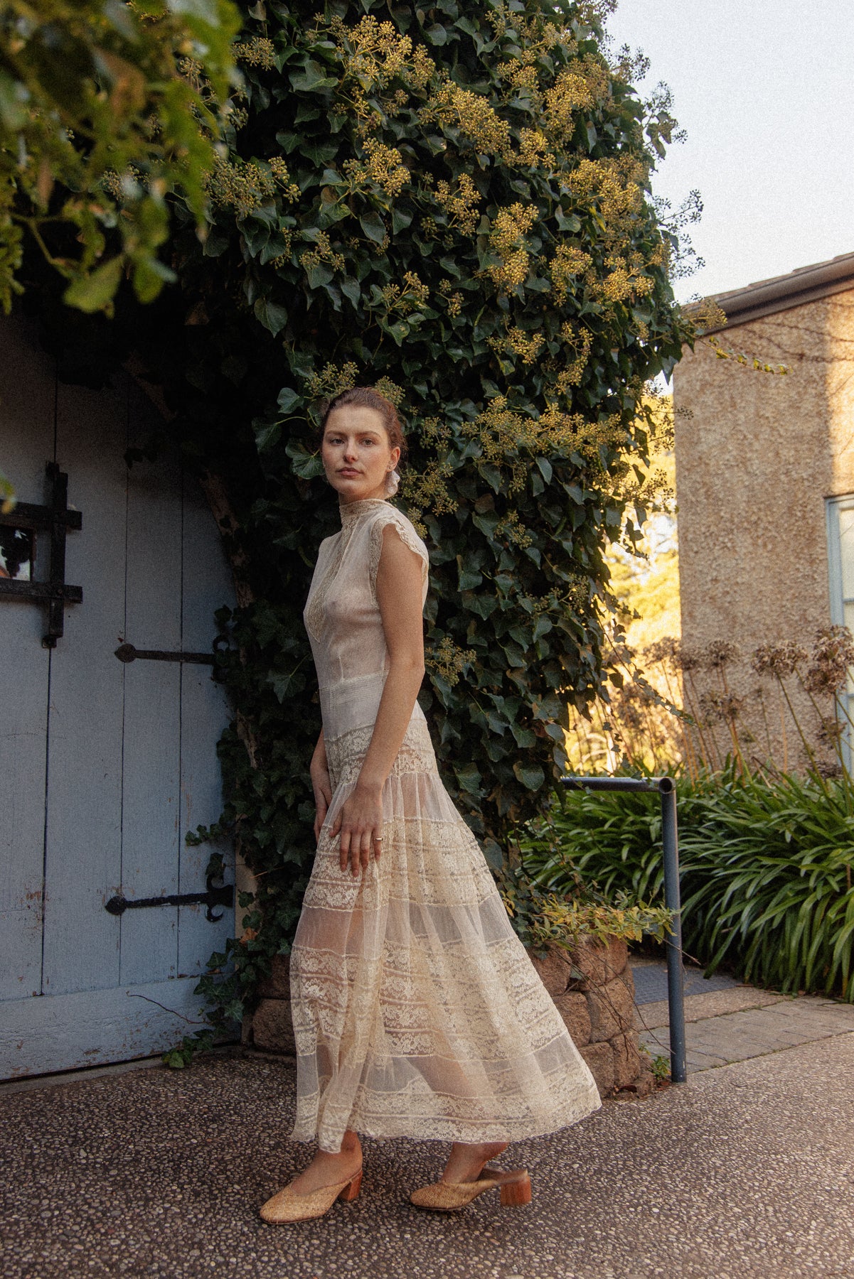 VINTAGE Antique Netted Lace High Neck Maxi Dress S/M
