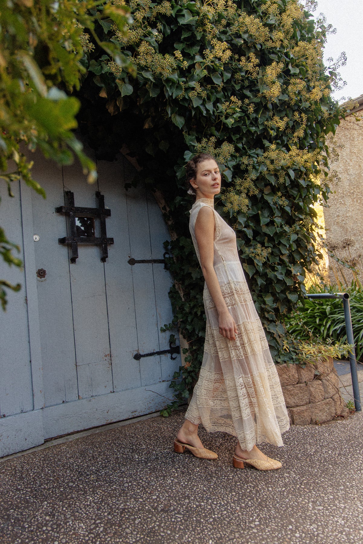VINTAGE Antique Netted Lace High Neck Maxi Dress S/M