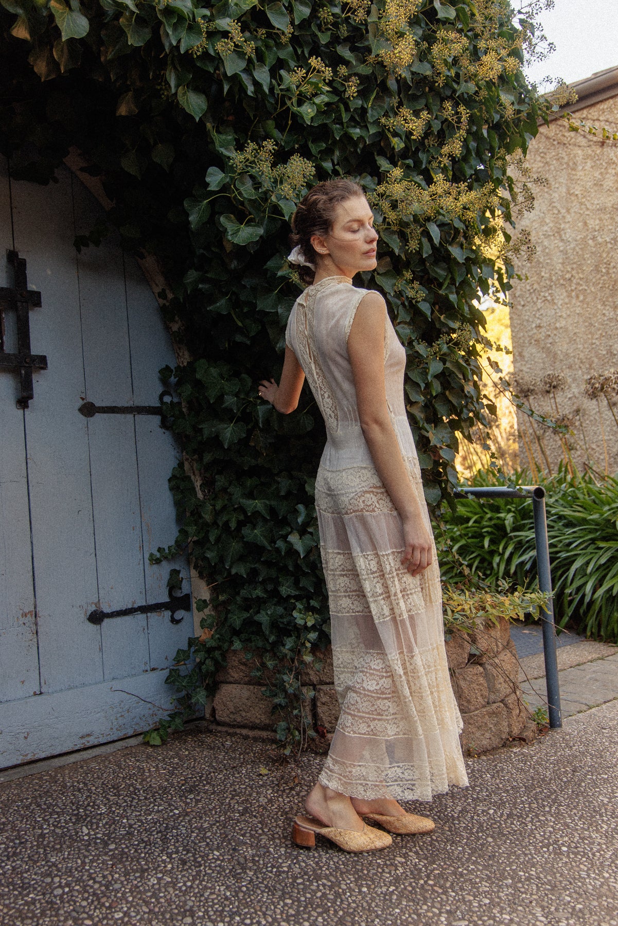 VINTAGE Antique Netted Lace High Neck Maxi Dress S/M