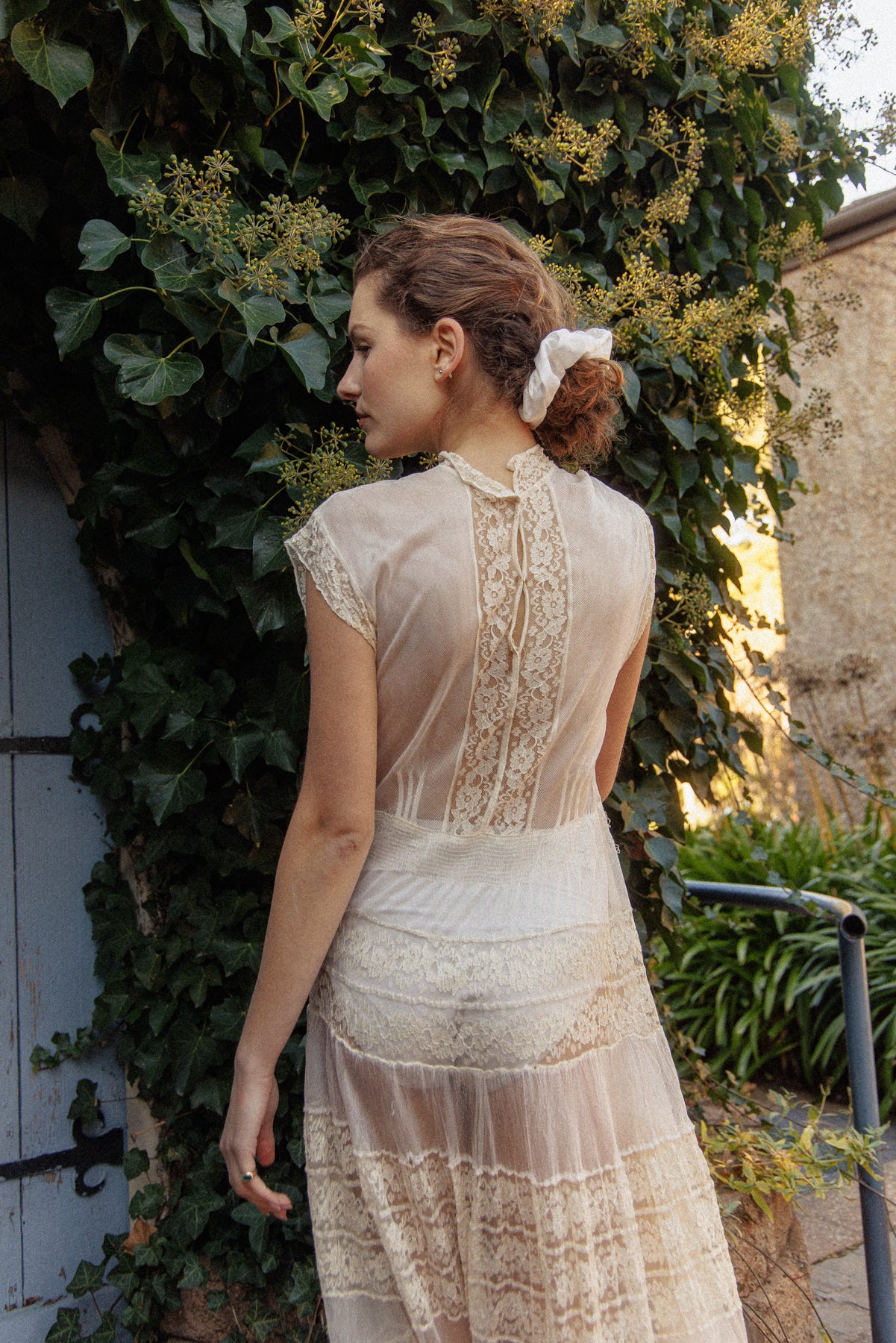 VINTAGE Antique Netted Lace High Neck Maxi Dress S/M