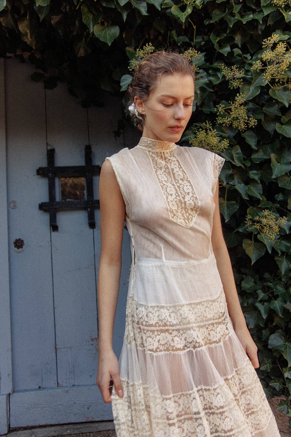 VINTAGE Antique Netted Lace High Neck Maxi Dress S/M