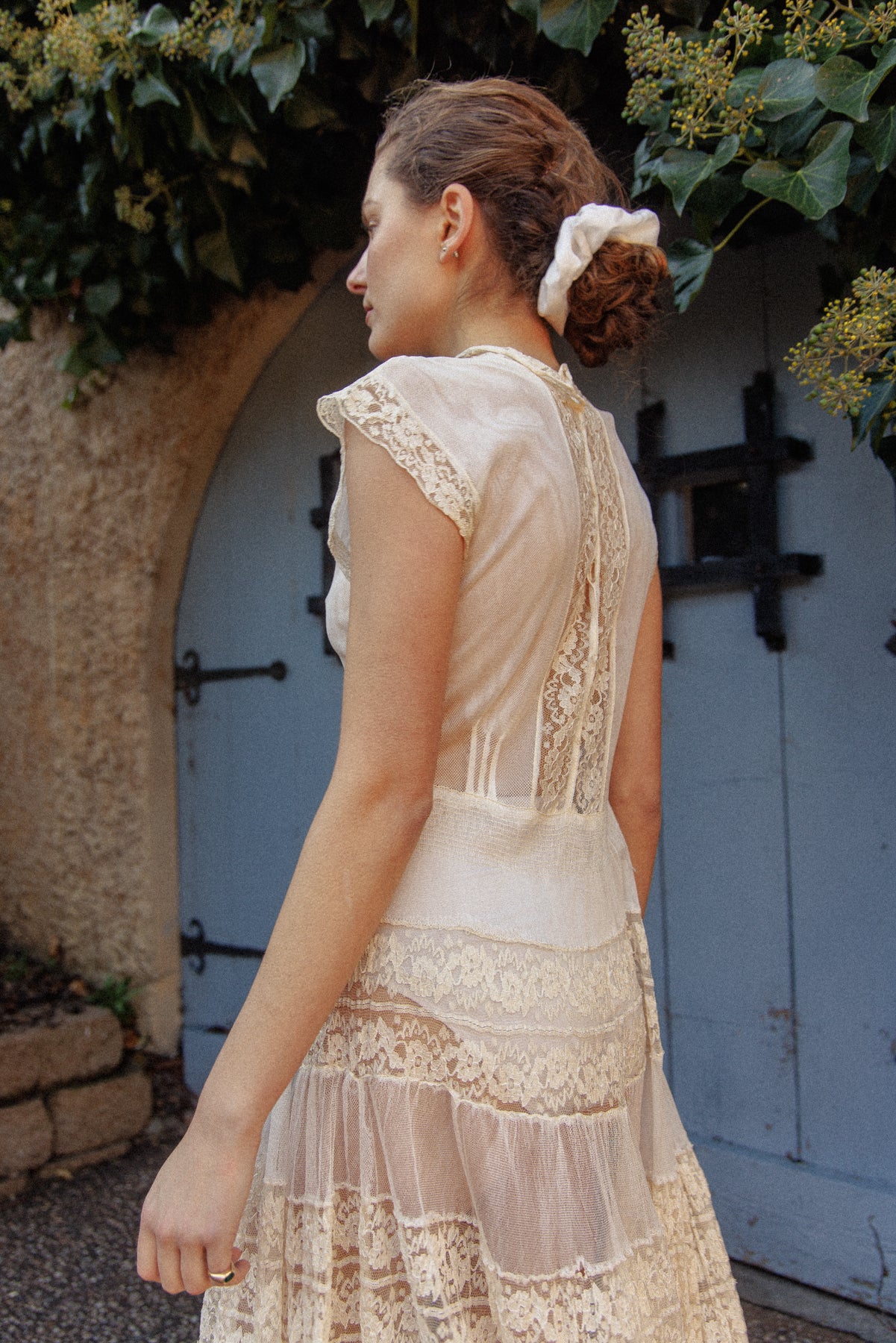 VINTAGE Antique Netted Lace High Neck Maxi Dress S/M