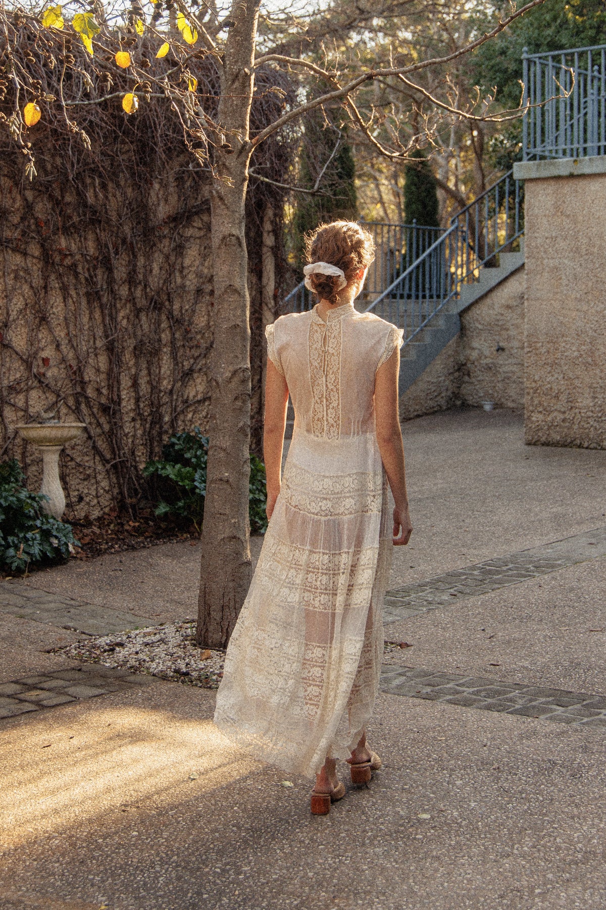 VINTAGE Antique Netted Lace High Neck Maxi Dress S/M