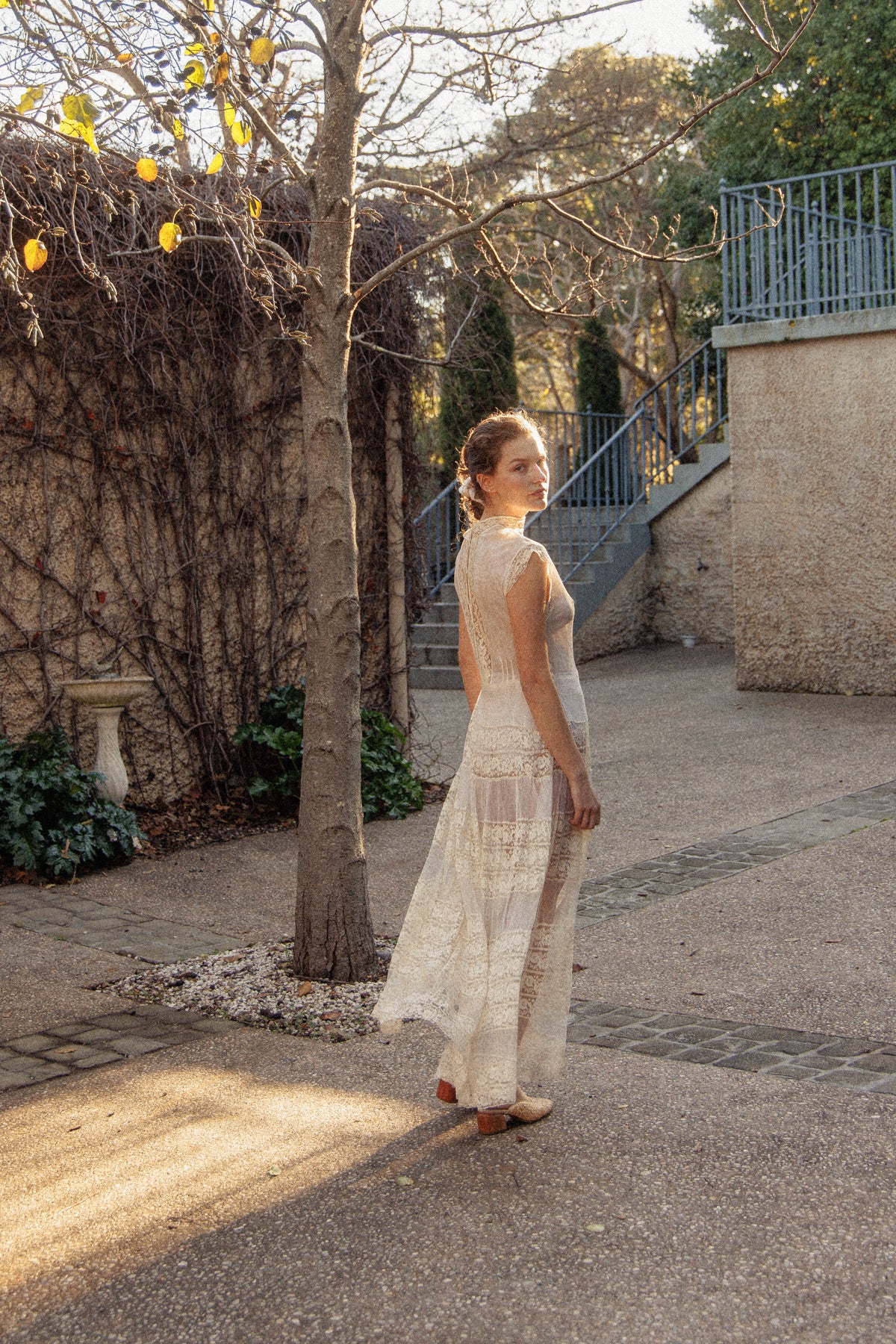 VINTAGE Antique Netted Lace High Neck Maxi Dress S/M
