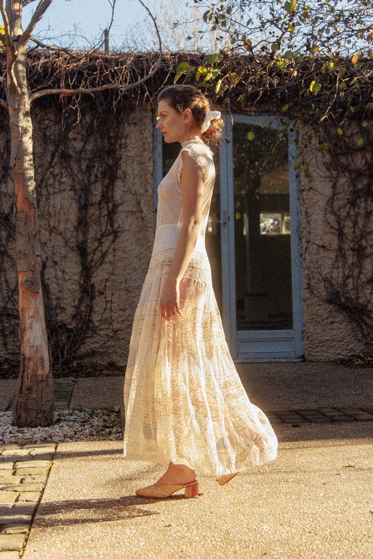VINTAGE Antique Netted Lace High Neck Maxi Dress S/M