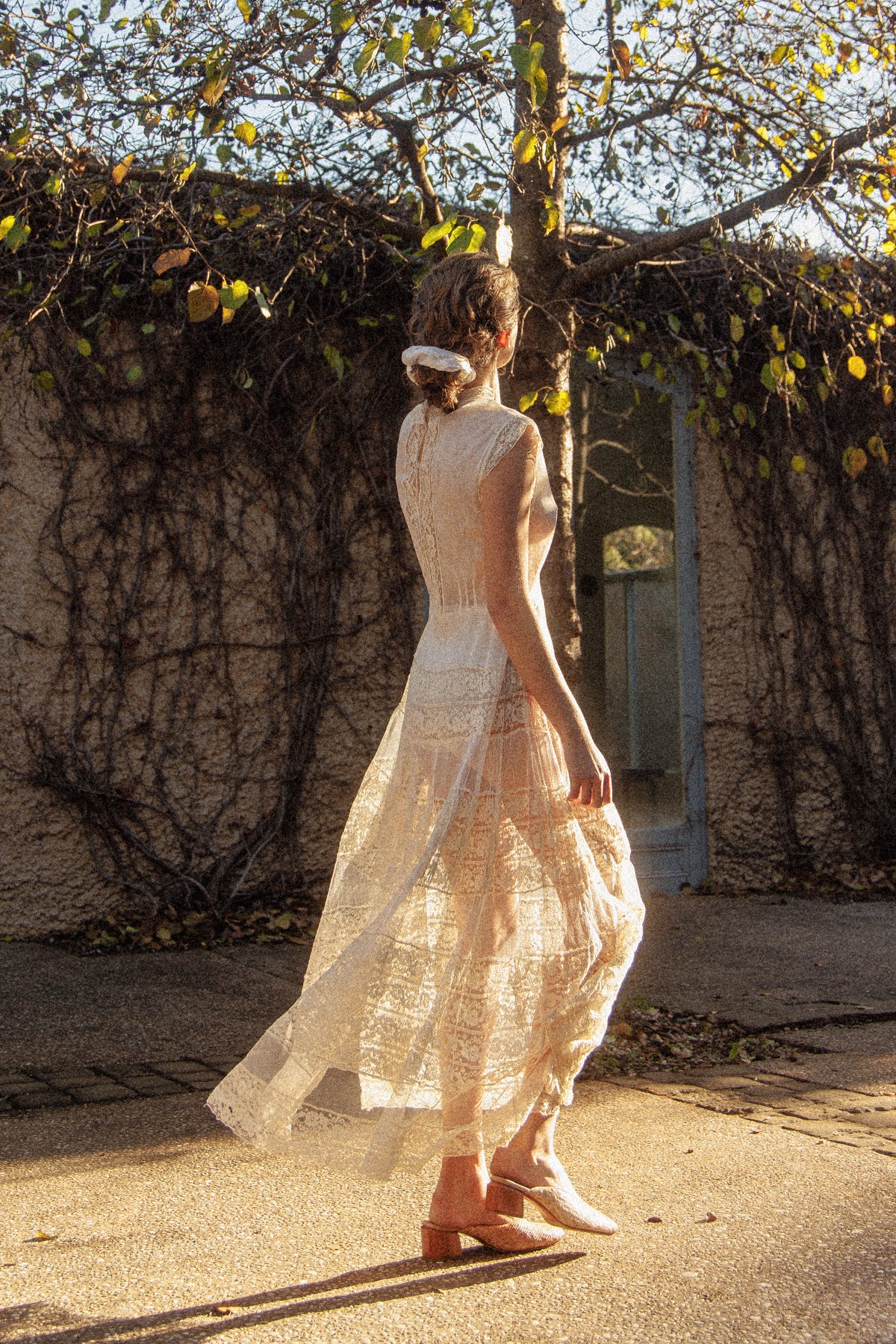 VINTAGE Antique Netted Lace High Neck Maxi Dress S/M