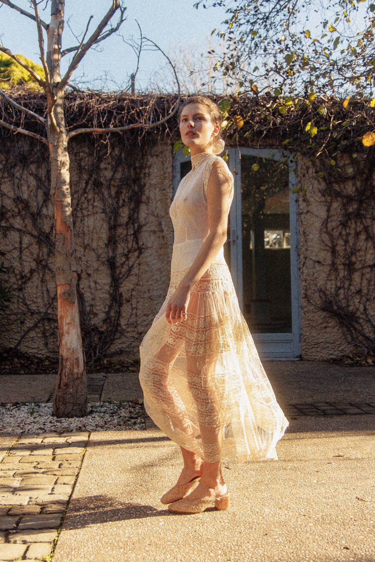 VINTAGE Antique Netted Lace High Neck Maxi Dress S/M