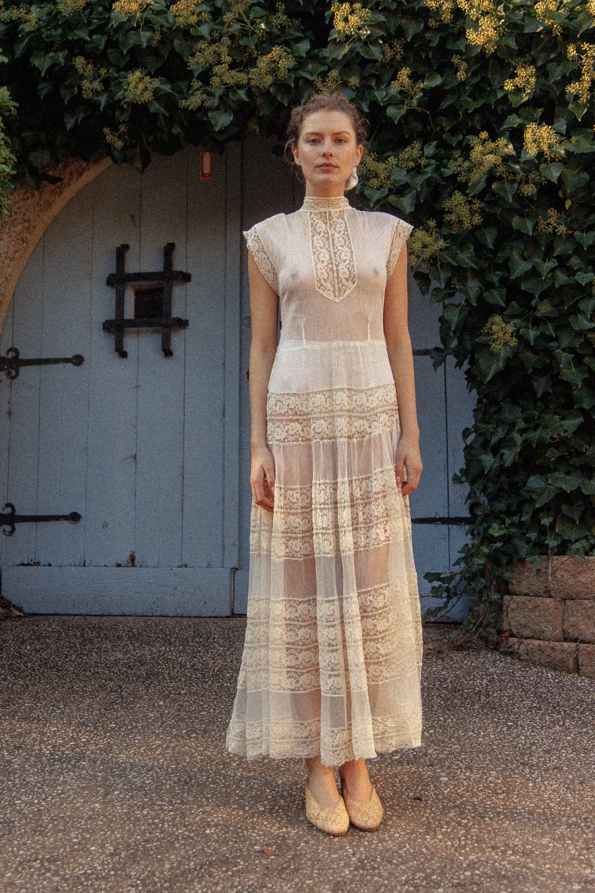 VINTAGE Antique Netted Lace High Neck Maxi Dress S/M