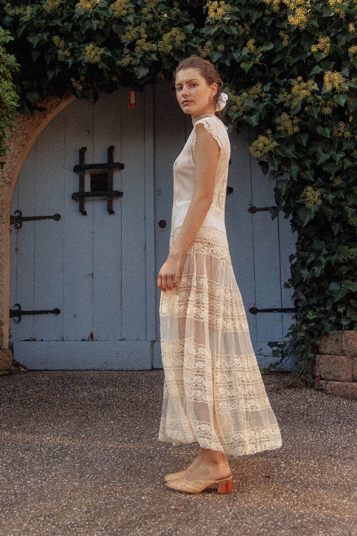 VINTAGE Antique Netted Lace High Neck Maxi Dress S/M