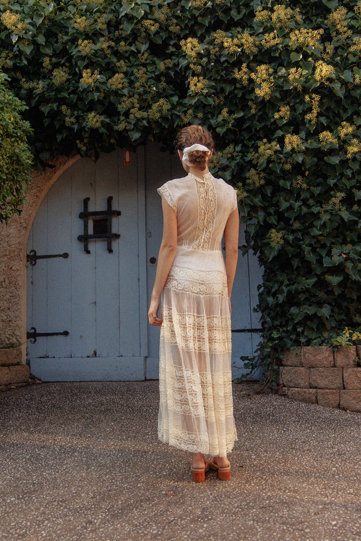 VINTAGE Antique Netted Lace High Neck Maxi Dress S/M