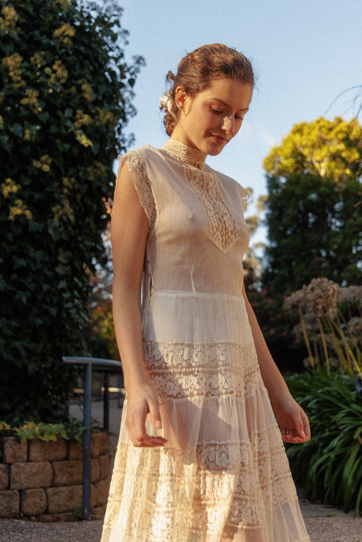 VINTAGE Antique Netted Lace High Neck Maxi Dress S/M