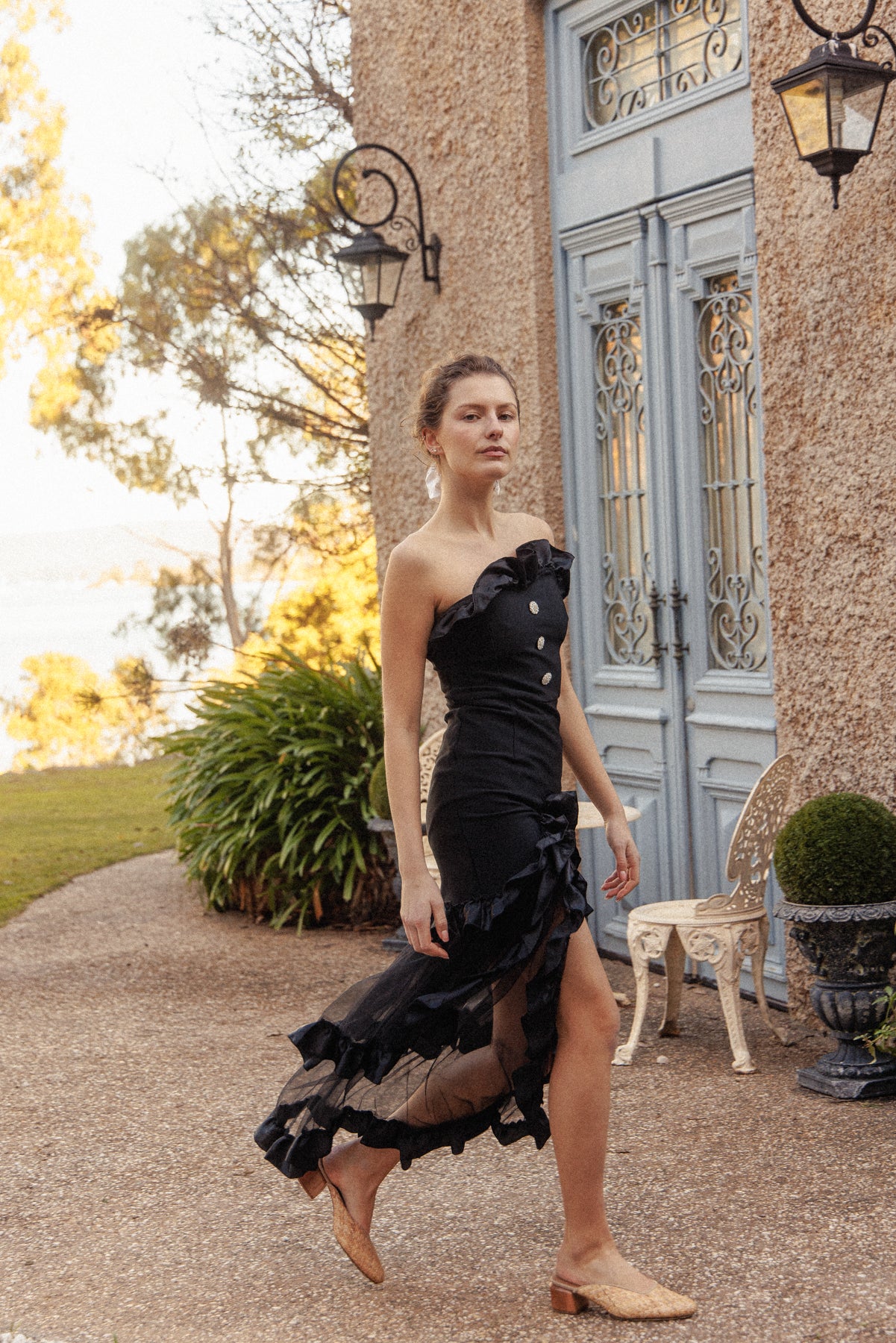 VINTAGE Black Bodycon Dress With Sheer Ruffle Skirt XS/S