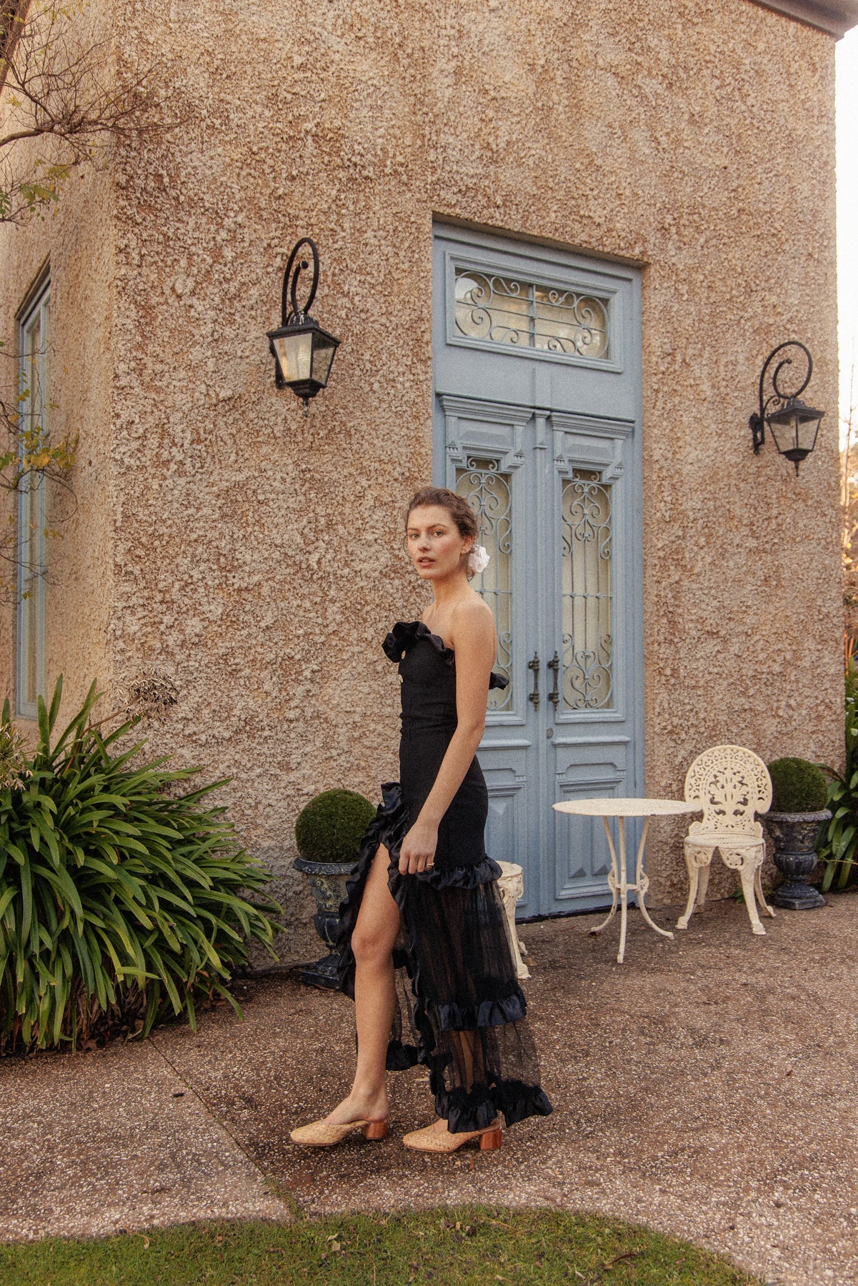 VINTAGE Black Bodycon Dress With Sheer Ruffle Skirt XS/S