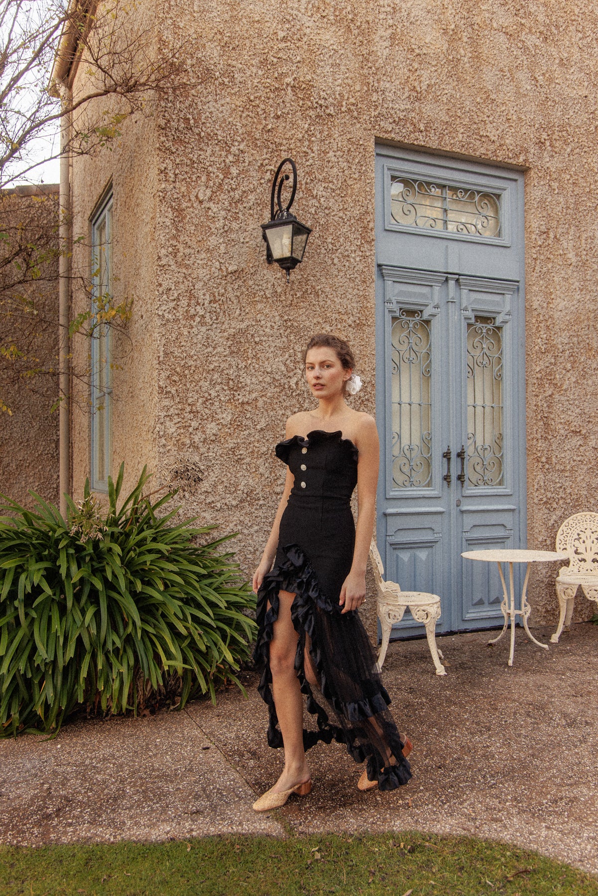 VINTAGE Black Bodycon Dress With Sheer Ruffle Skirt XS/S