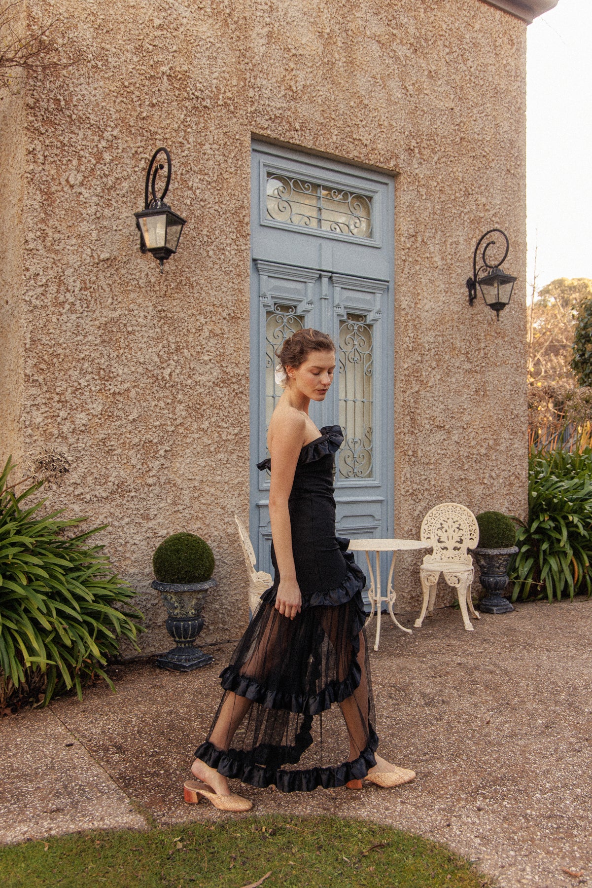 VINTAGE Black Bodycon Dress With Sheer Ruffle Skirt XS/S