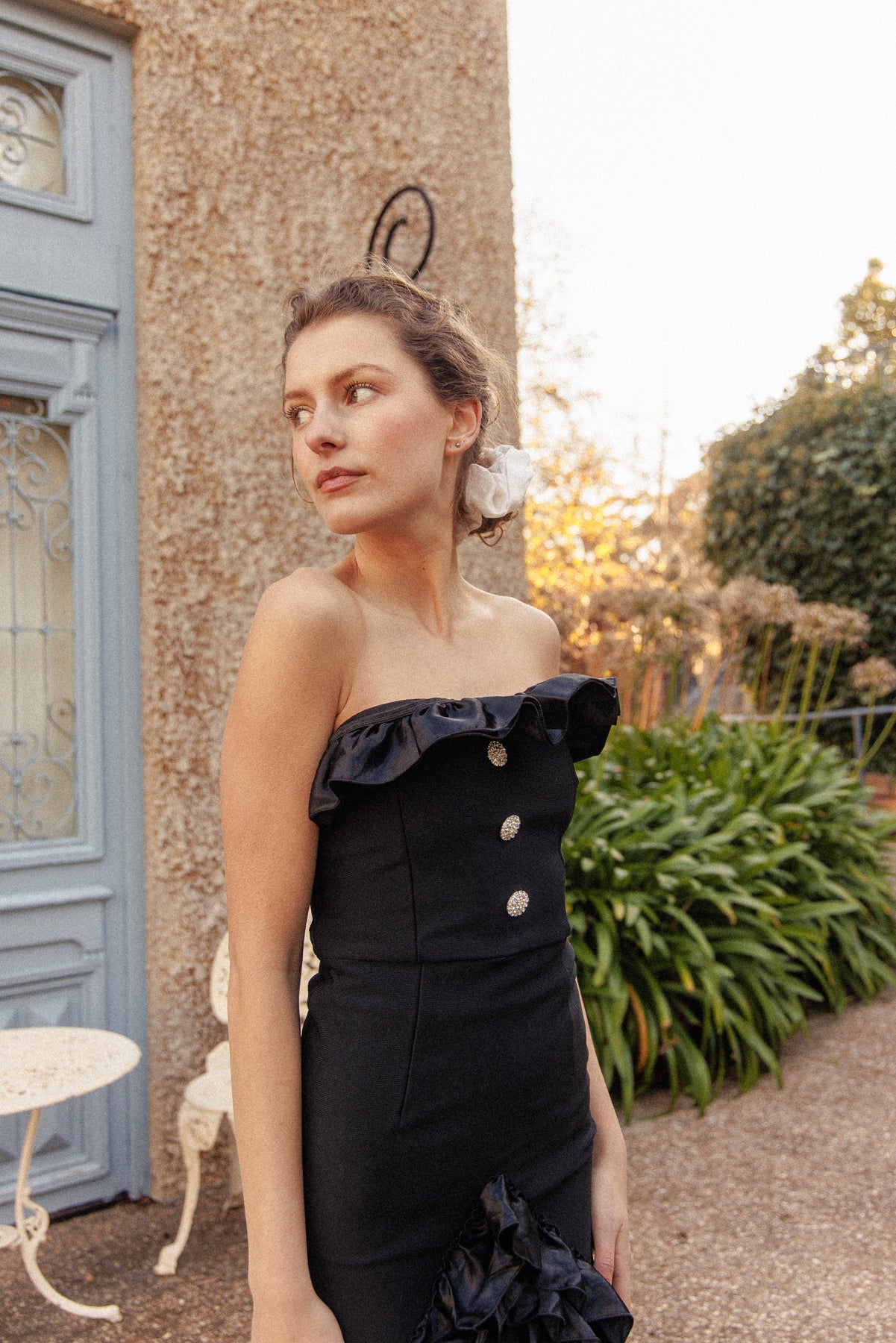 VINTAGE Black Bodycon Dress With Sheer Ruffle Skirt XS/S