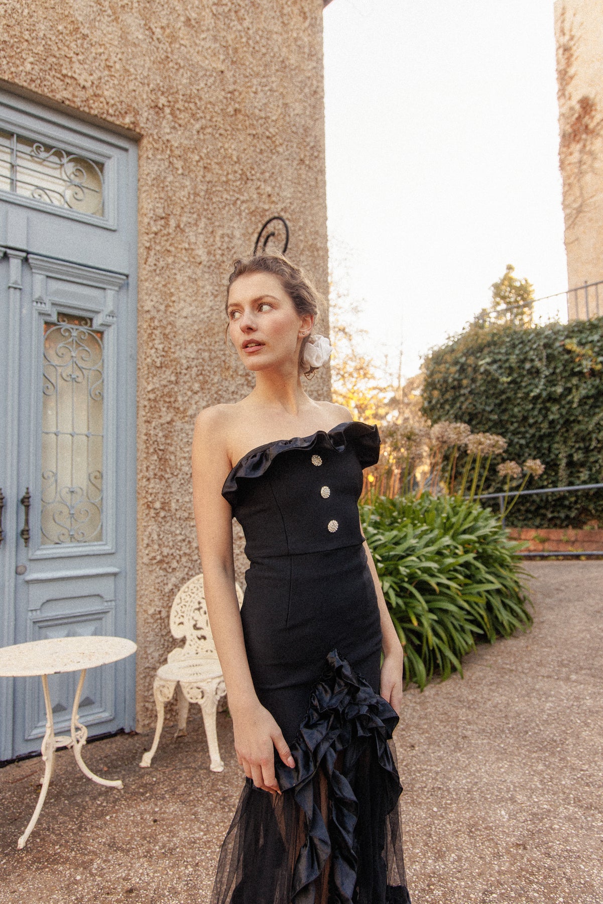 VINTAGE Black Bodycon Dress With Sheer Ruffle Skirt XS/S